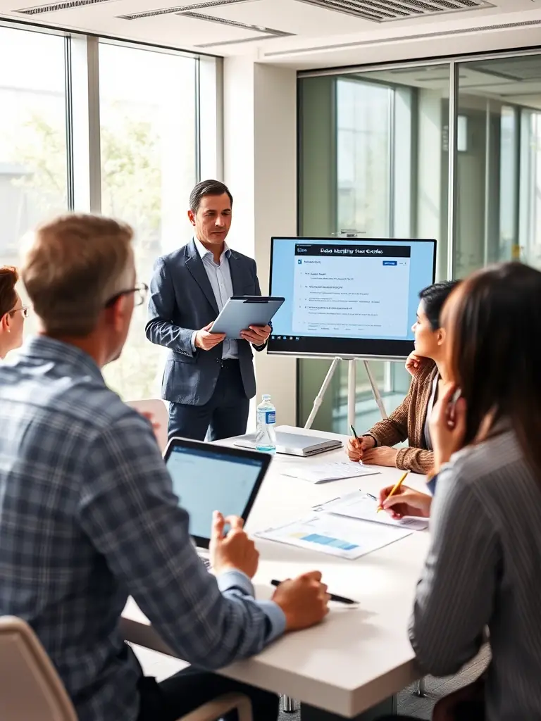 A consultant leading a data governance workshop, demonstrating data quality checks and compliance procedures for a financial institution.