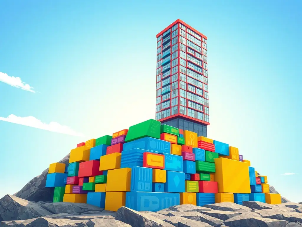 A digital illustration depicting a strong foundation made of data blocks supporting a building representing a business, symbolizing the strength and stability data modeling provides.