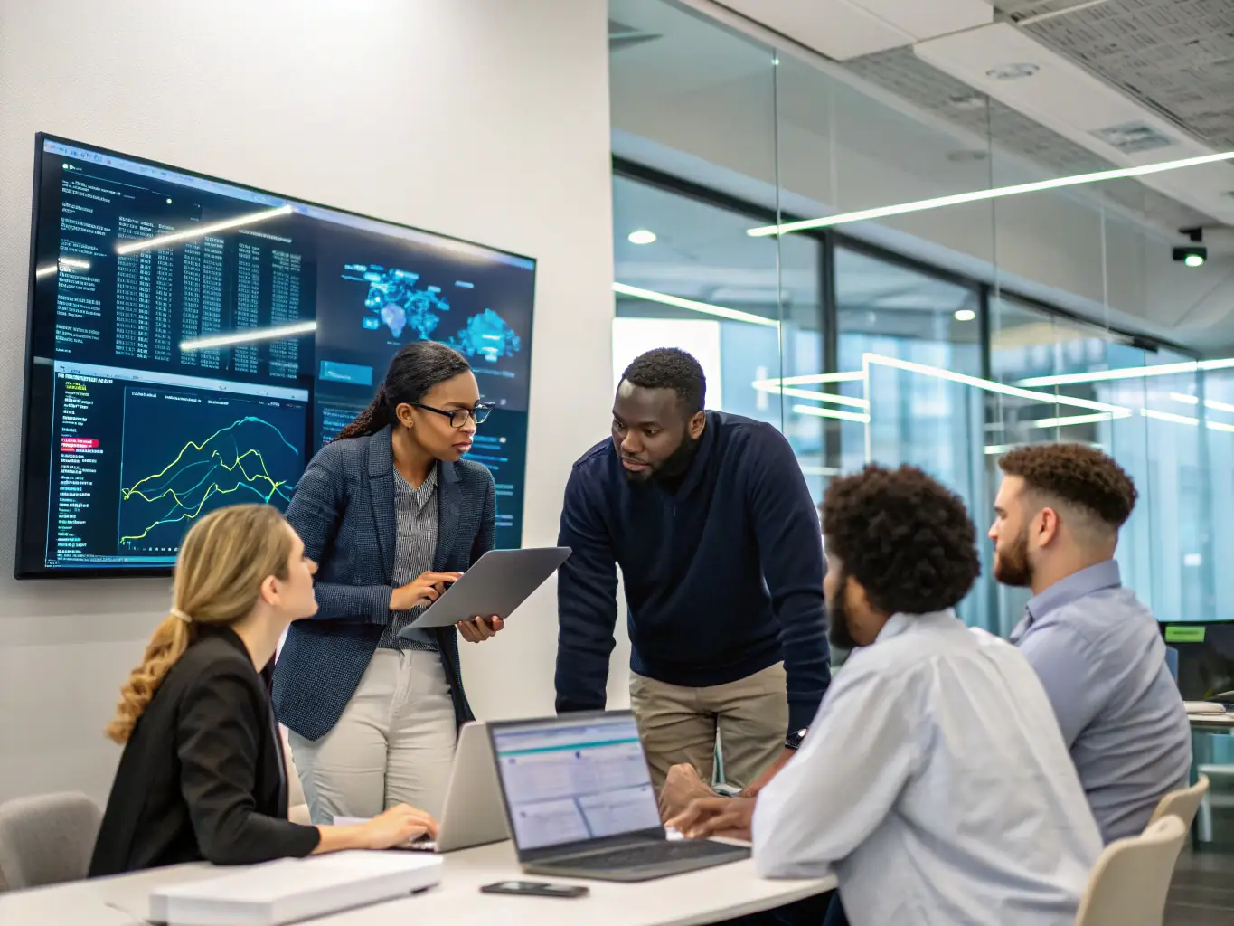 An image showing a team of data scientists collaborating around a large screen displaying a complex data model, highlighting the collaborative and expert-driven nature of the service.