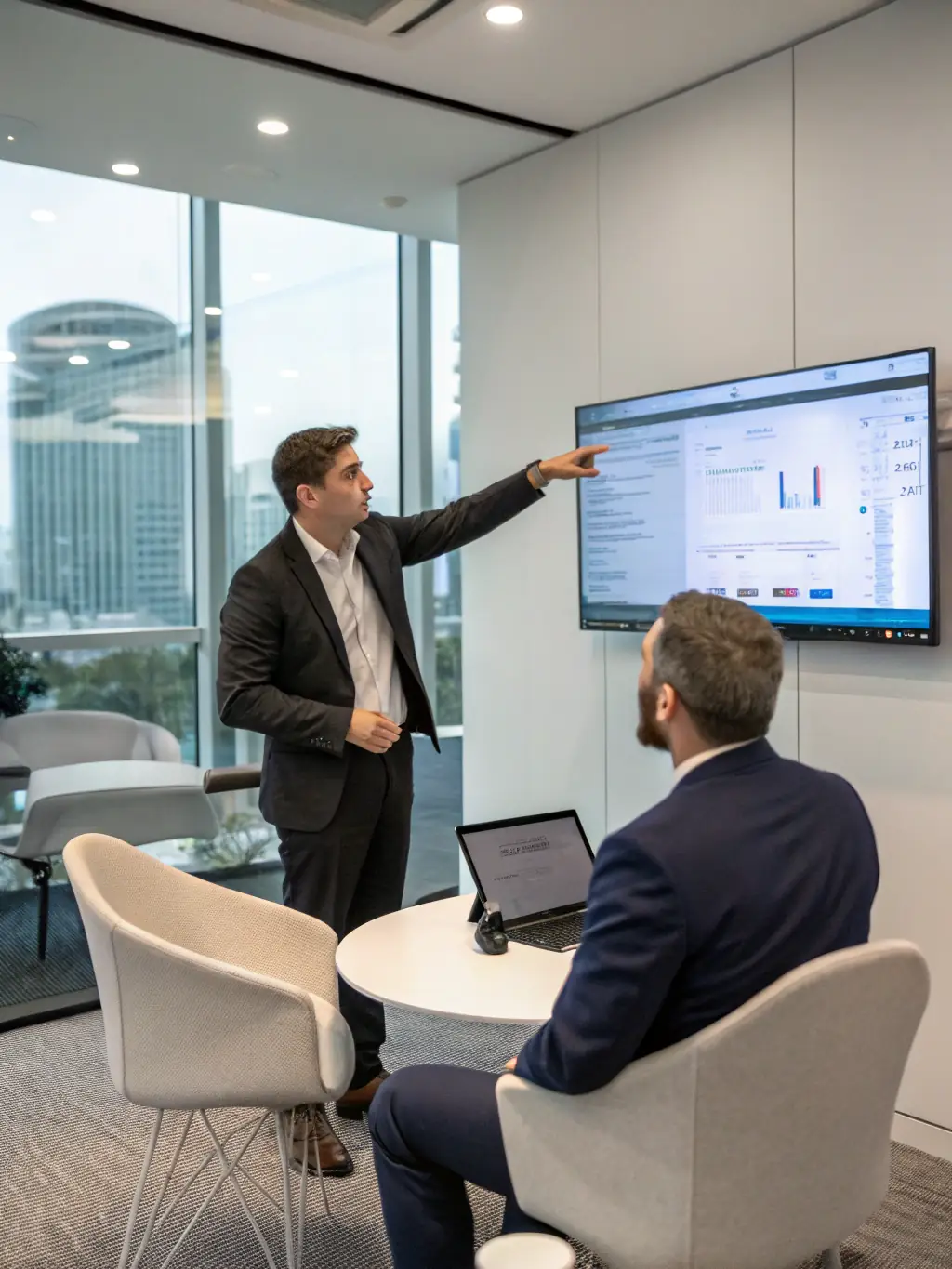 A professional consultant in a meeting room, advising a client on BI strategies, with charts and graphs projected on a screen in the background, used to represent Vizbins Consulting's BI consulting services.