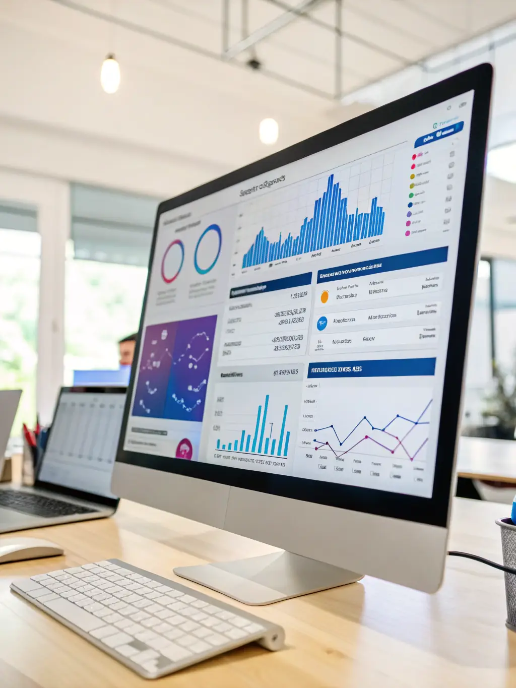 A professional showcasing a predictive analytics dashboard, highlighting key performance indicators and trend forecasts for a retail business, emphasizing data-driven decision-making.