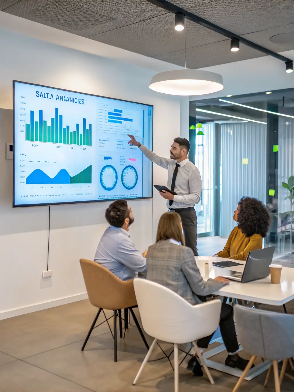 A data scientist presenting a report automation solution to a team, highlighting efficiency gains.