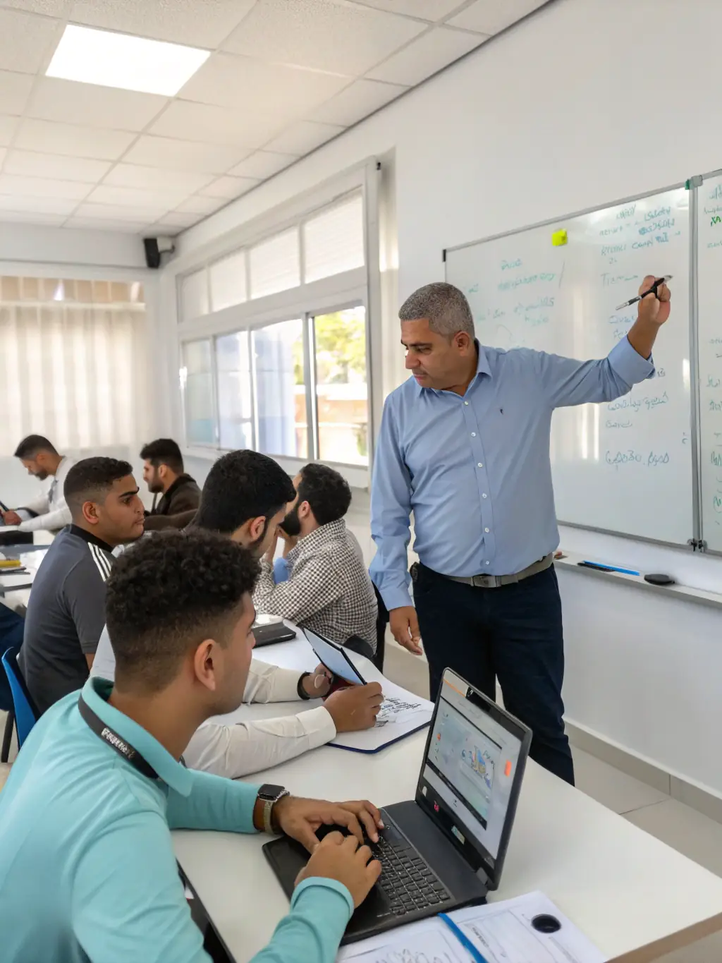 A trainer conducting a BI tools training session, guiding participants through dashboard creation and data analysis techniques for a healthcare organization.