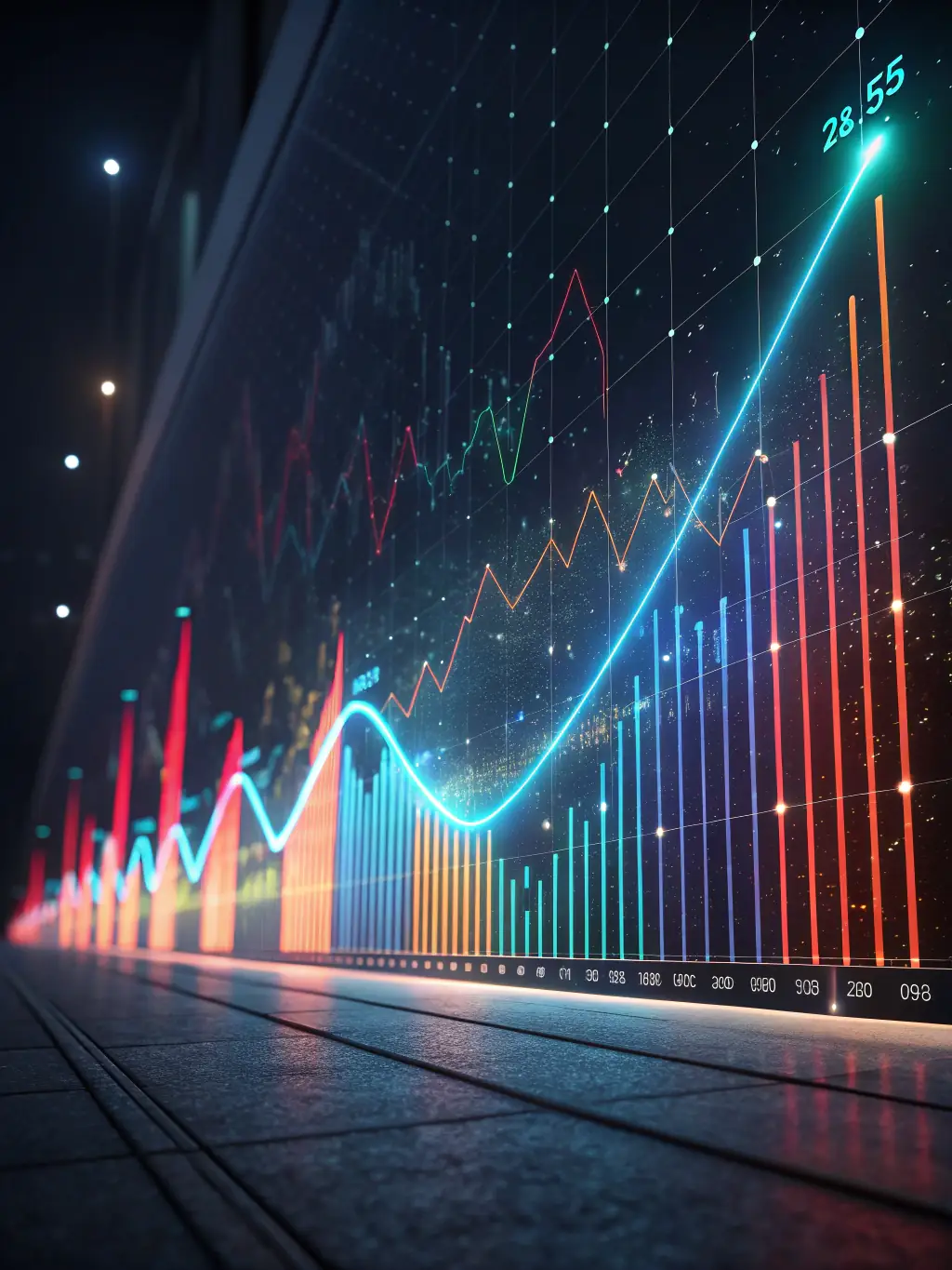 A futuristic graphic depicting predictive analytics, with lines projecting future trends based on historical data, used to showcase Vizbins Consulting's predictive analytics and advanced segmentation services.