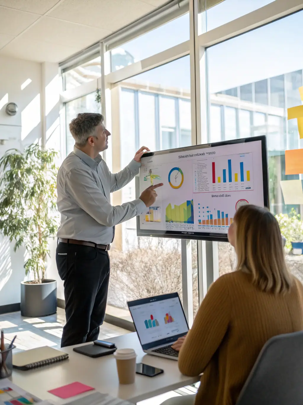 A consultant working with a client on a data analytics project, discussing insights and strategies.
